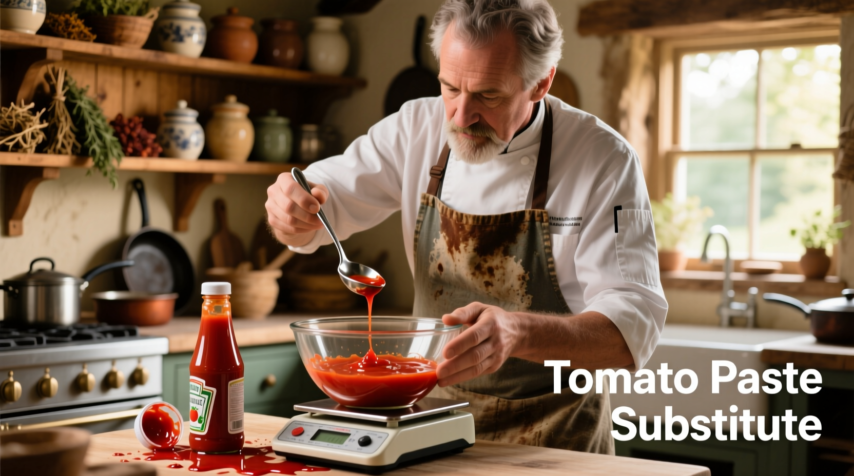 Chef measuring tomato paste for bouillon substitute