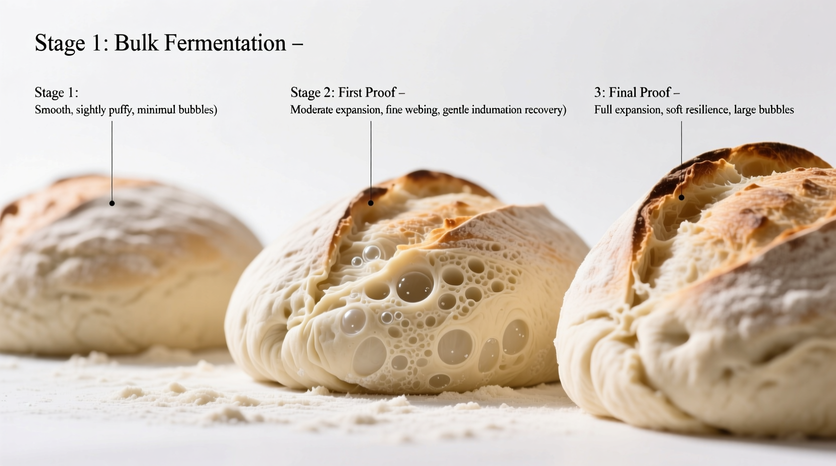 Visual guide showing proper bread texture at different proofing stages