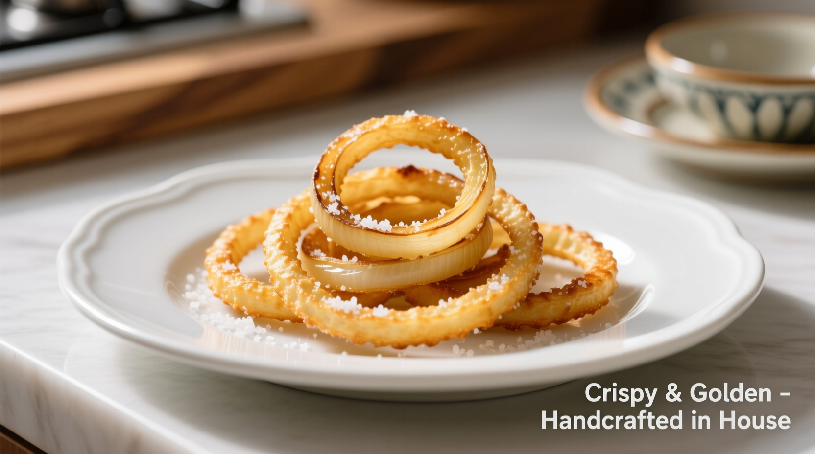 Golden crispy onion straws on white plate