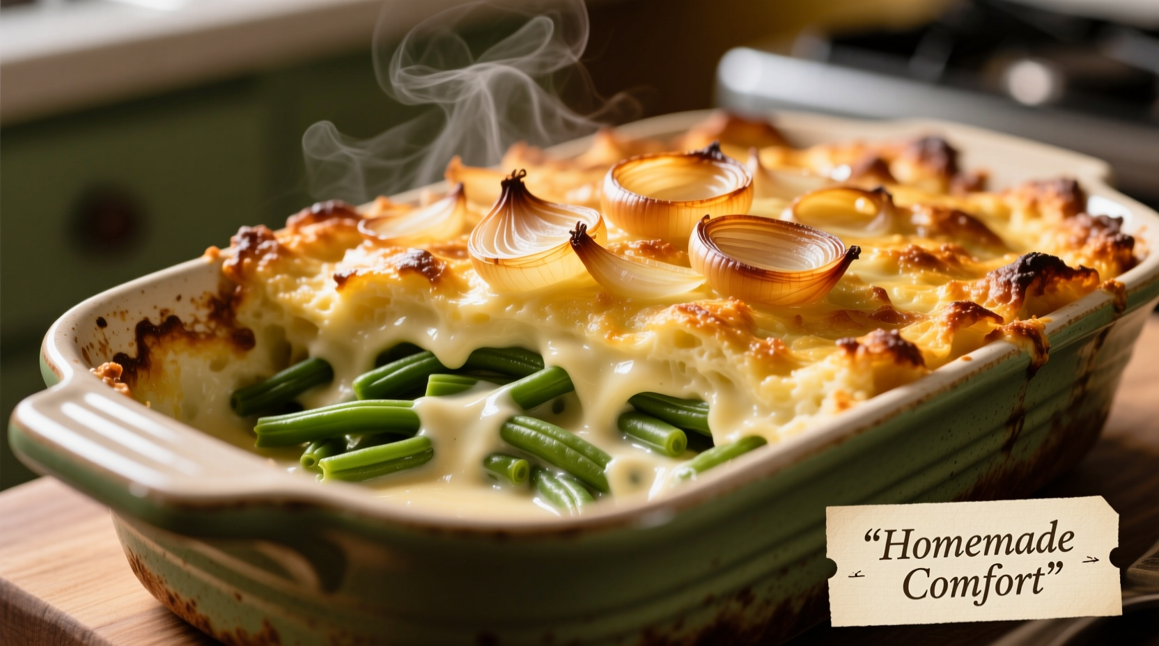 Golden green bean casserole with crispy Durkee onions topping