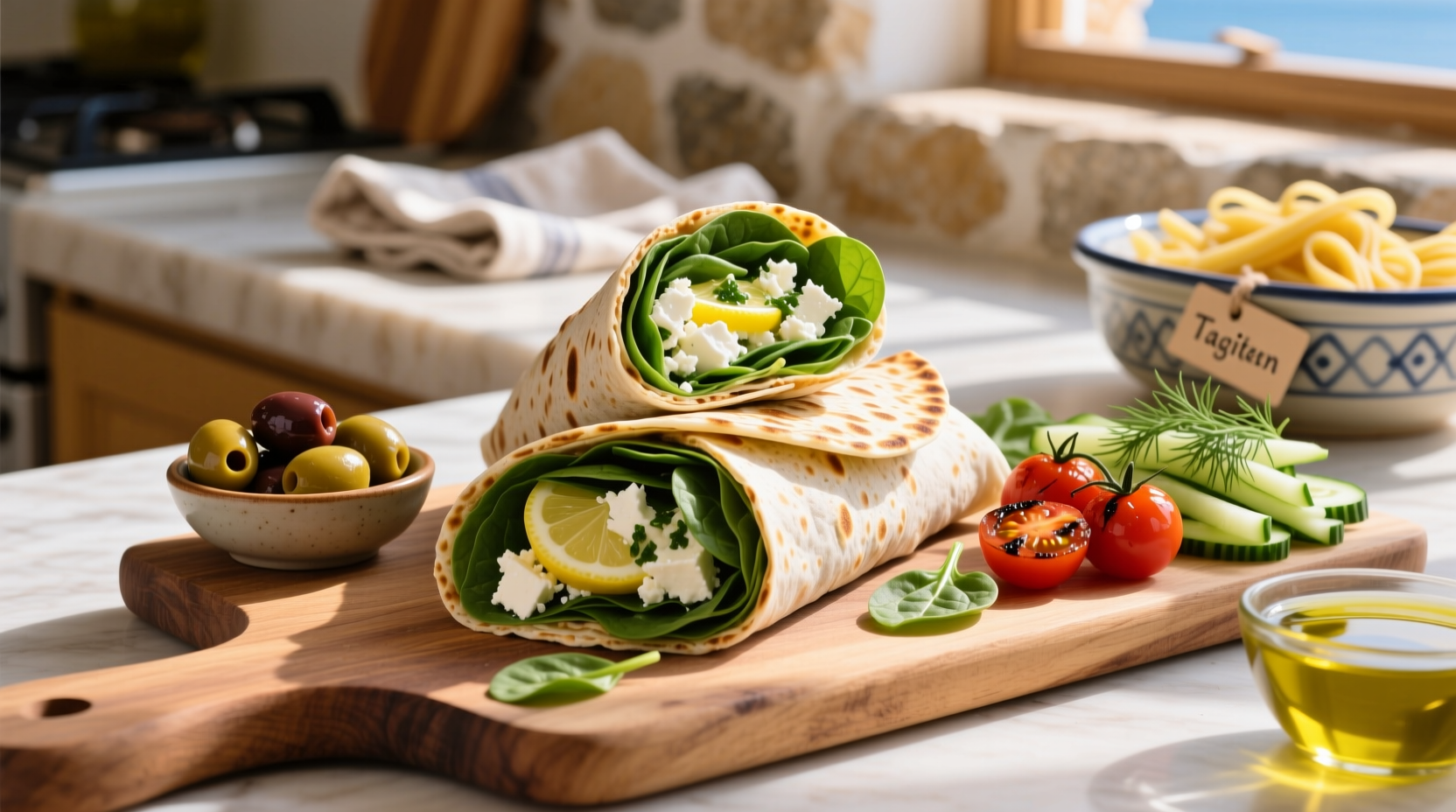 Fresh spinach feta wrap with Mediterranean sides