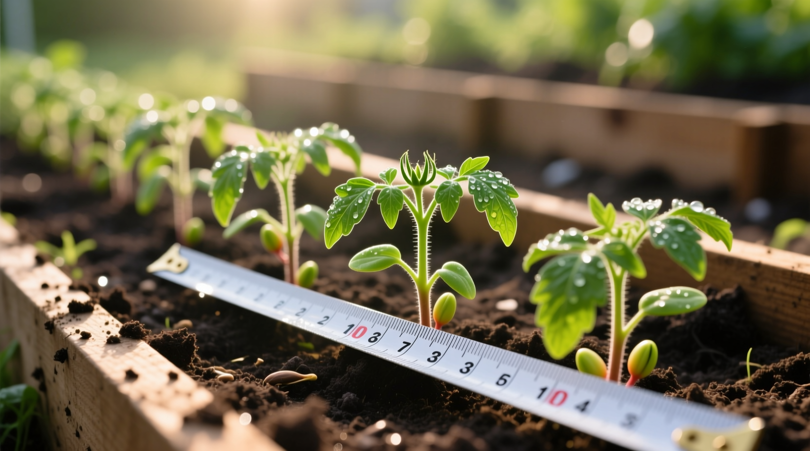 Tomato seedlings in garden bed with measuring tape