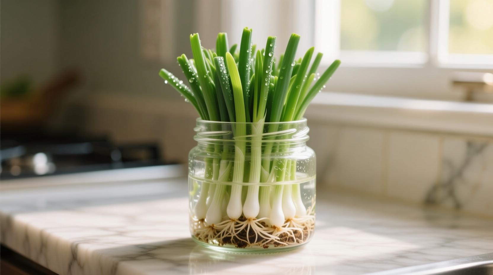 Fresh green onion sprouts in a glass jar
