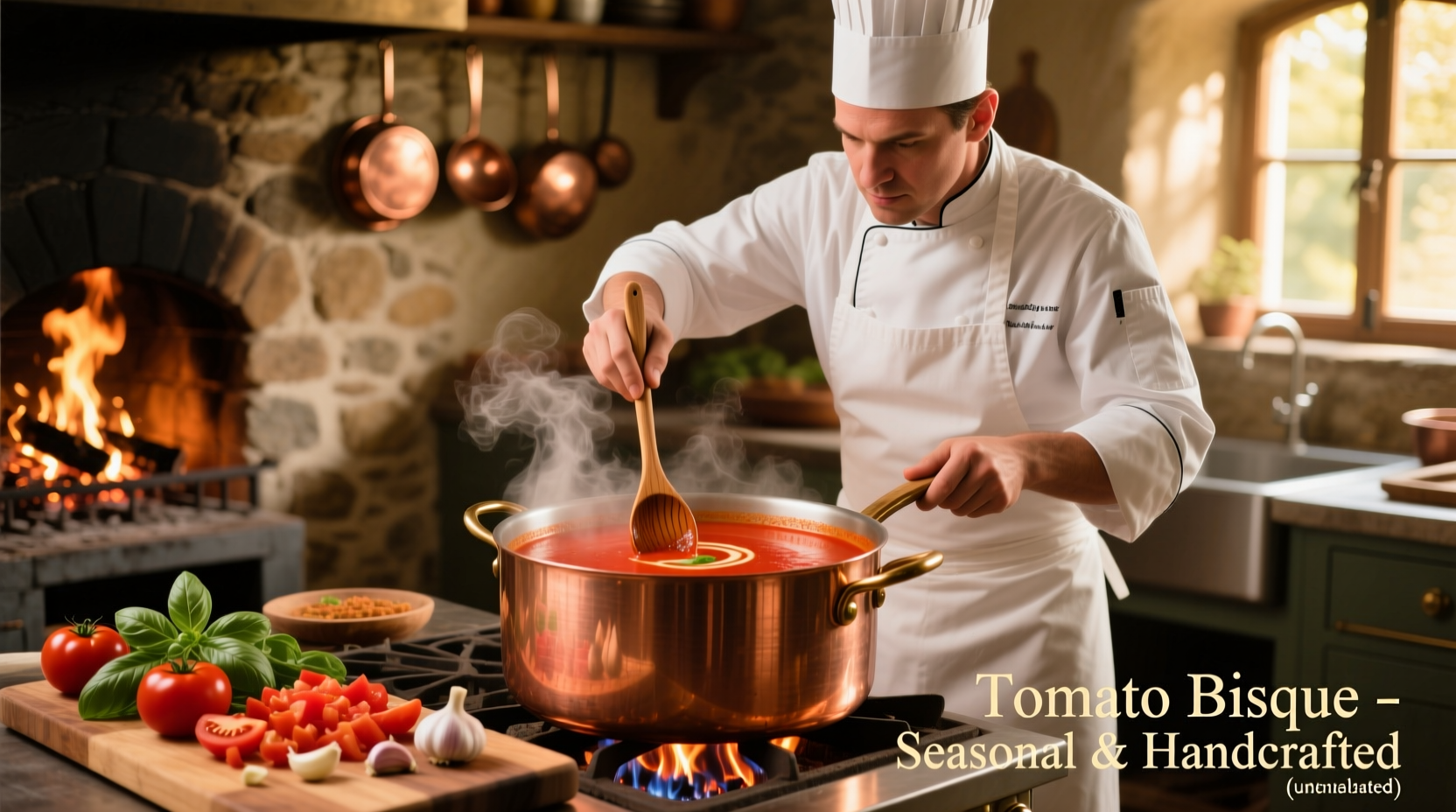 Chef preparing fresh tomato bisque in copper pot