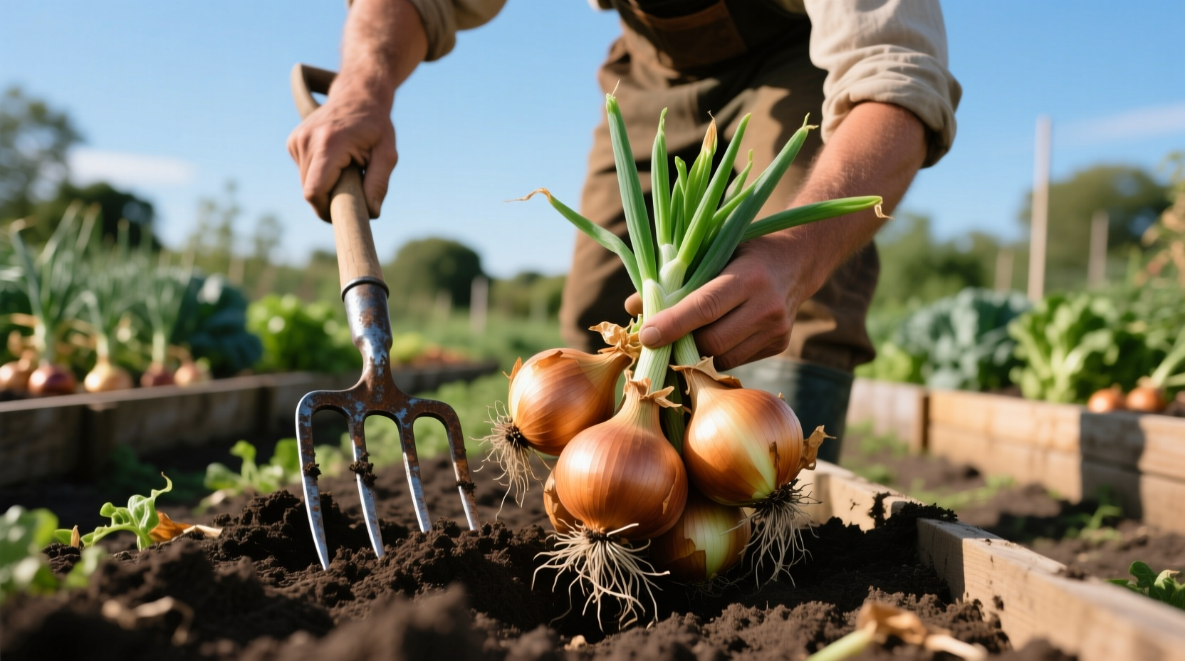 Gardener harvesting mature onions with garden fork