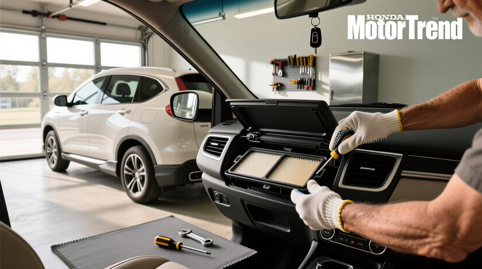 Hands removing old cabin air filter from 2012 Honda CR-V