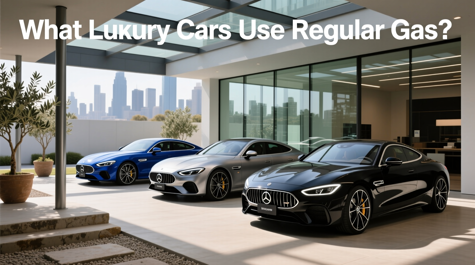 New luxury cars that use regular gas parked in urban setting