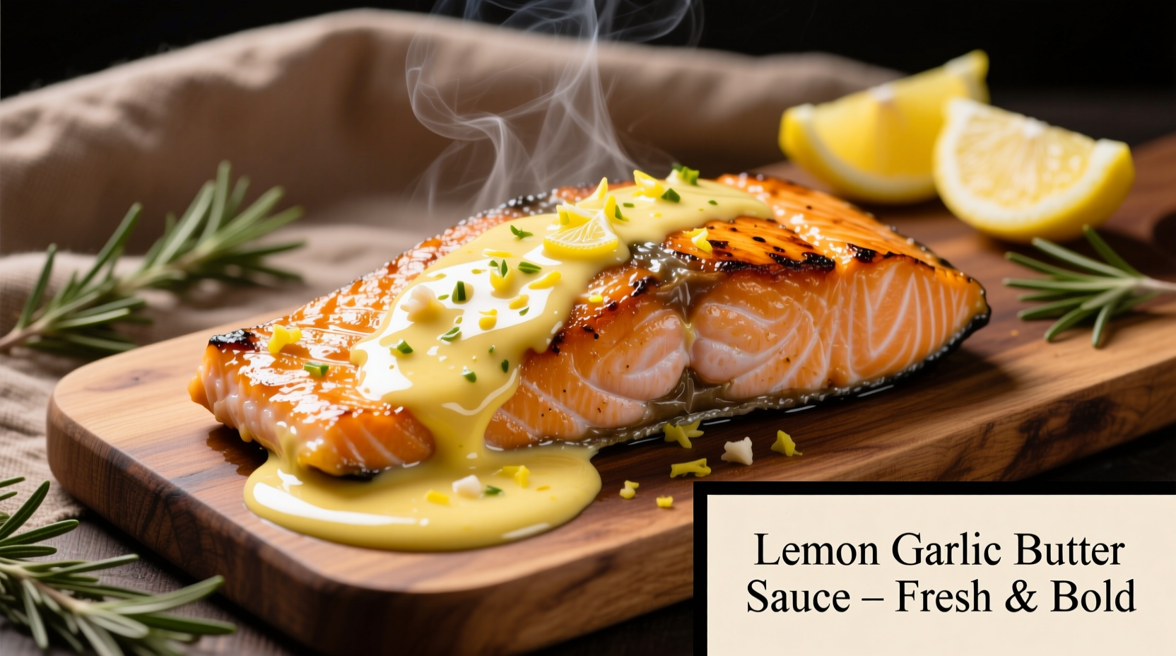 Lemon garlic butter sauce drizzled over grilled salmon