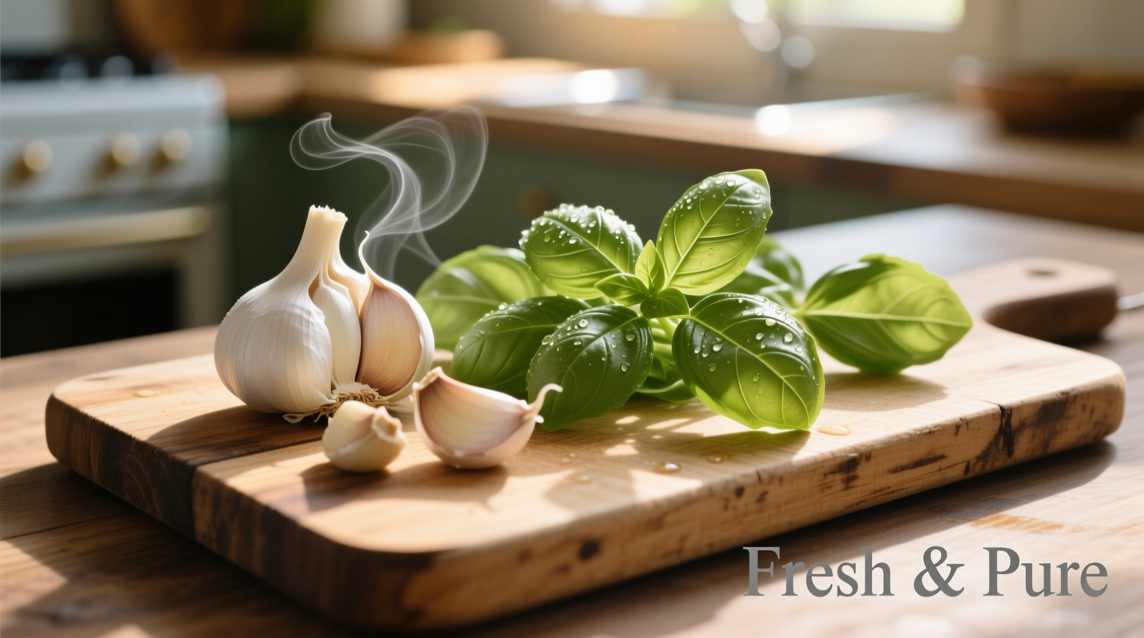 Fresh garlic basil leaves on wooden cutting board
