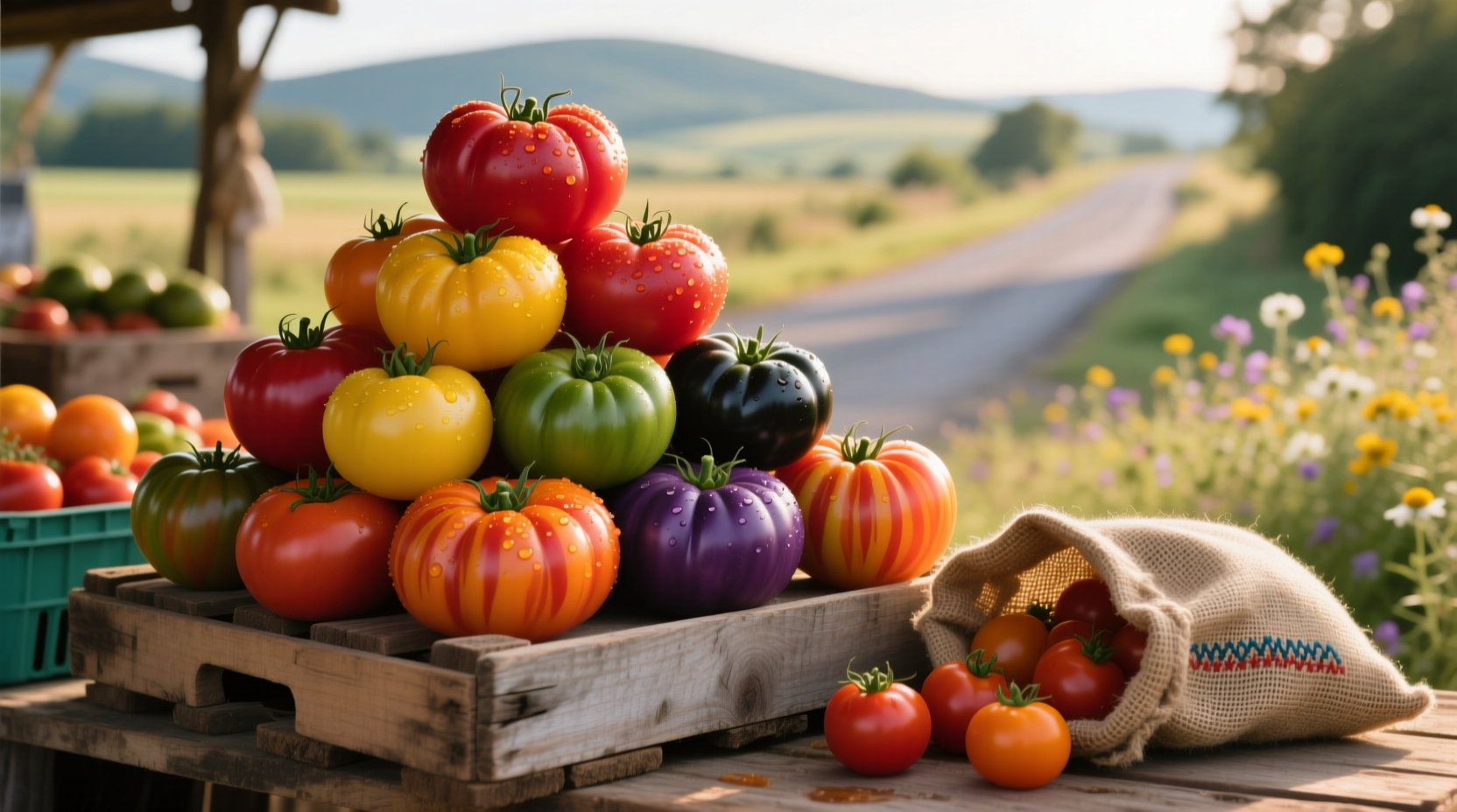 Colorful display of heirloom tomatoes at roadside stand