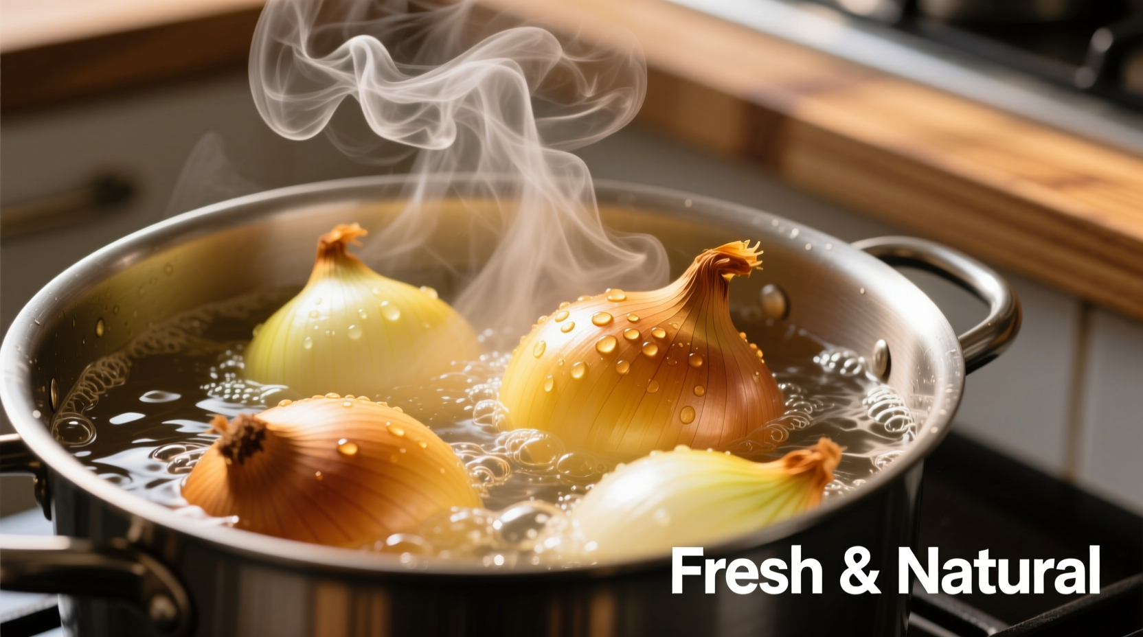 Fresh yellow onions in boiling water with steam rising