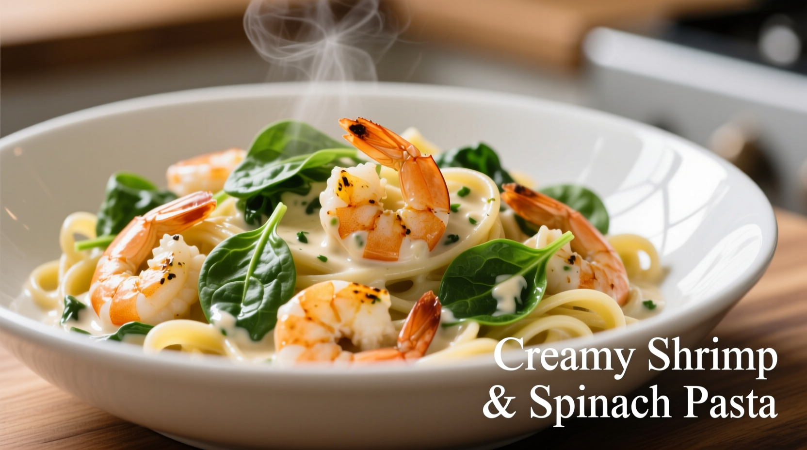 Creamy pasta with shrimp and spinach in white bowl