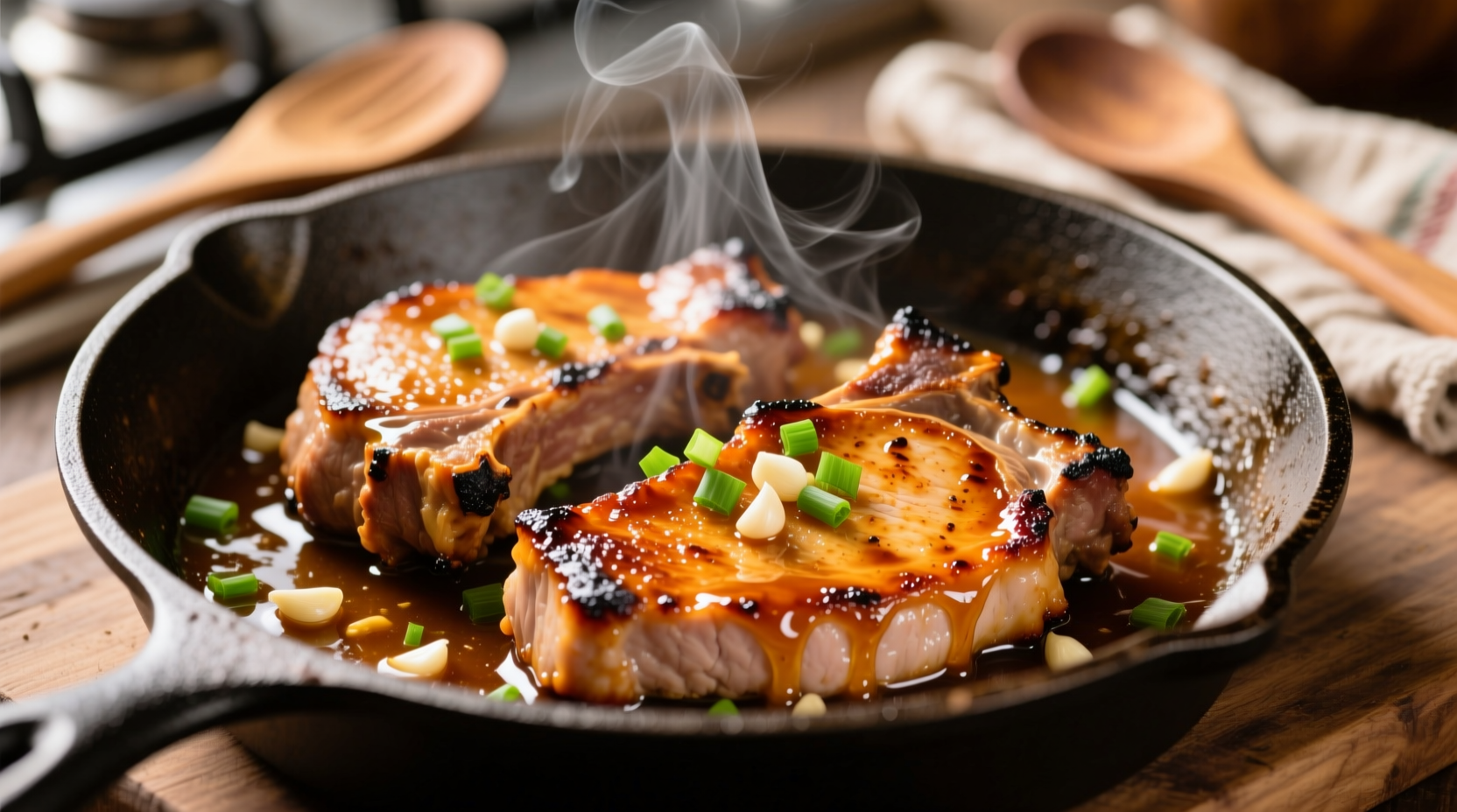 Honey garlic pork chops sizzling in cast iron skillet