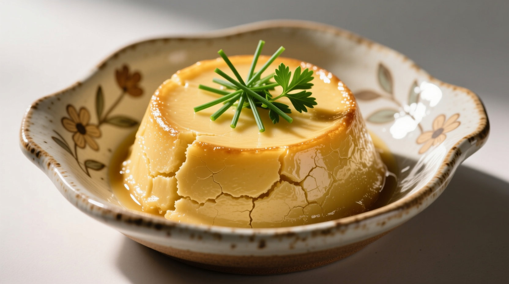 Golden potato fondant with herb garnish in ceramic dish