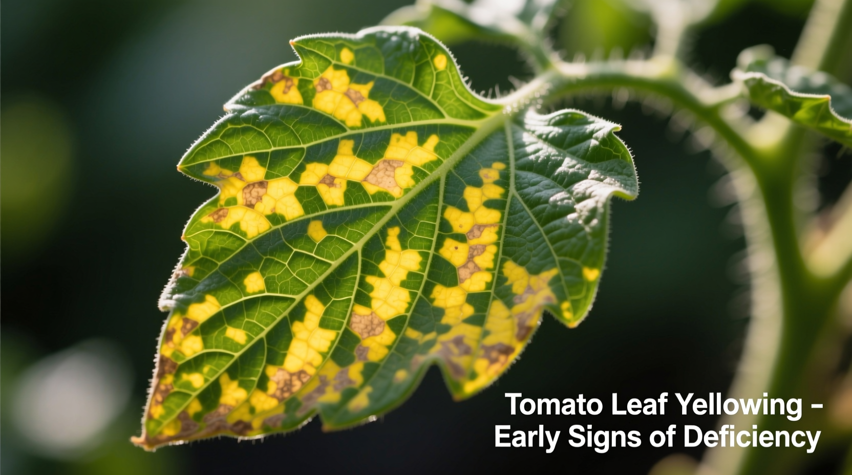 Close-up of tomato leaves showing yellowing patterns