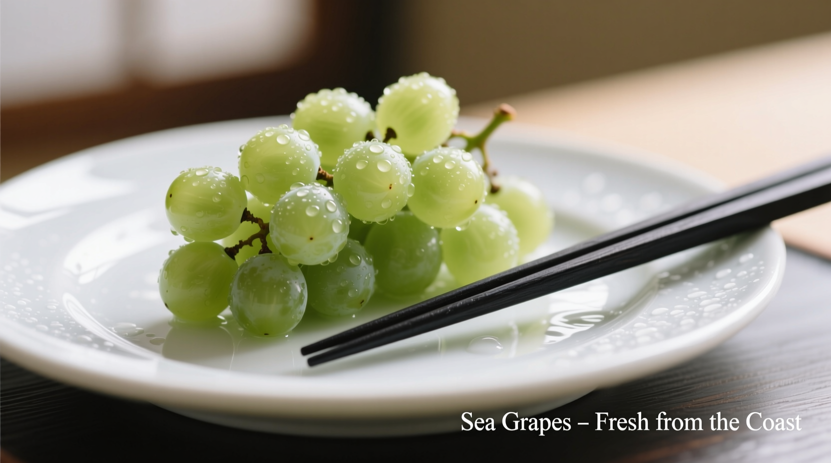 Fresh sea grapes on a white plate with chopsticks