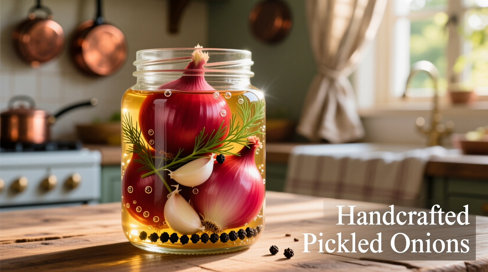 Vibrant red onions pickling in glass jar with spices