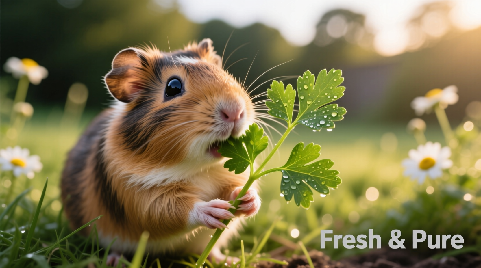 Guinea pig nibbling fresh parsley leaves