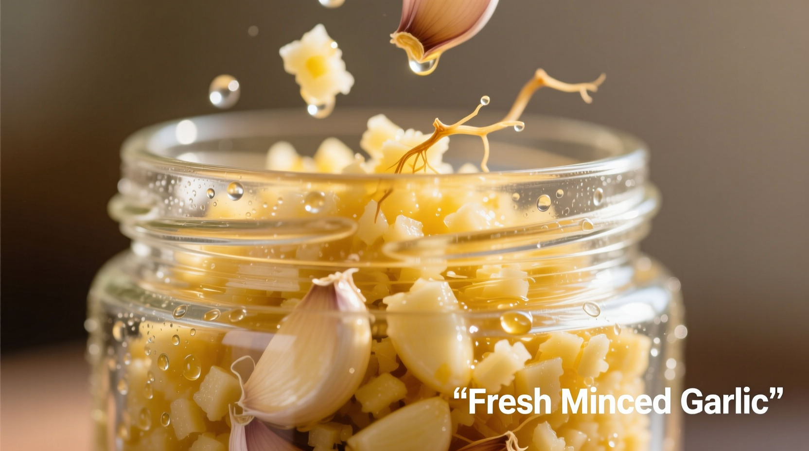 Close-up of minced garlic in glass container