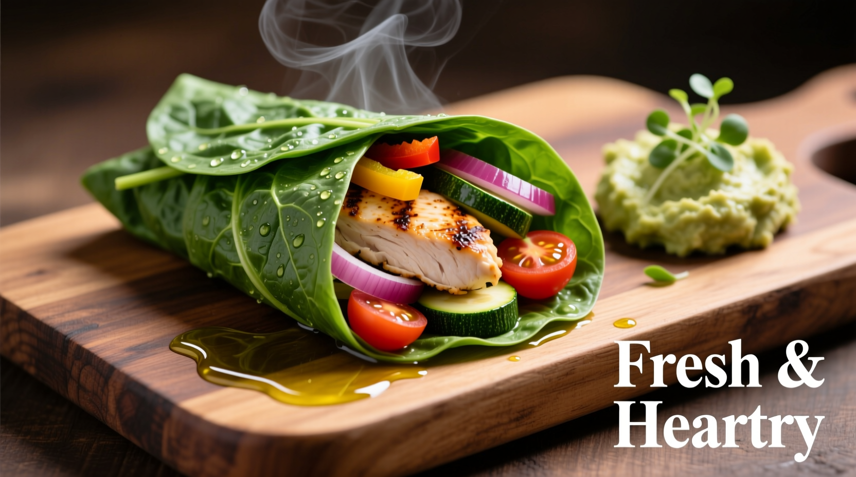 Fresh spinach wrap with grilled chicken and vegetables