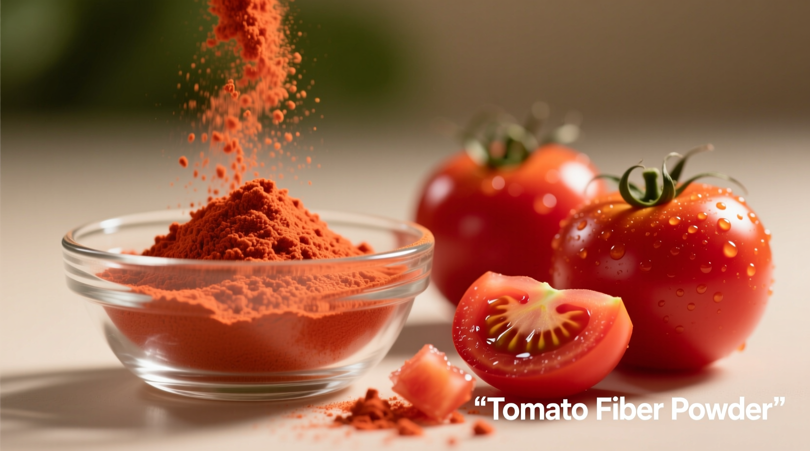 Close-up of tomato fiber powder in glass bowl with fresh tomatoes
