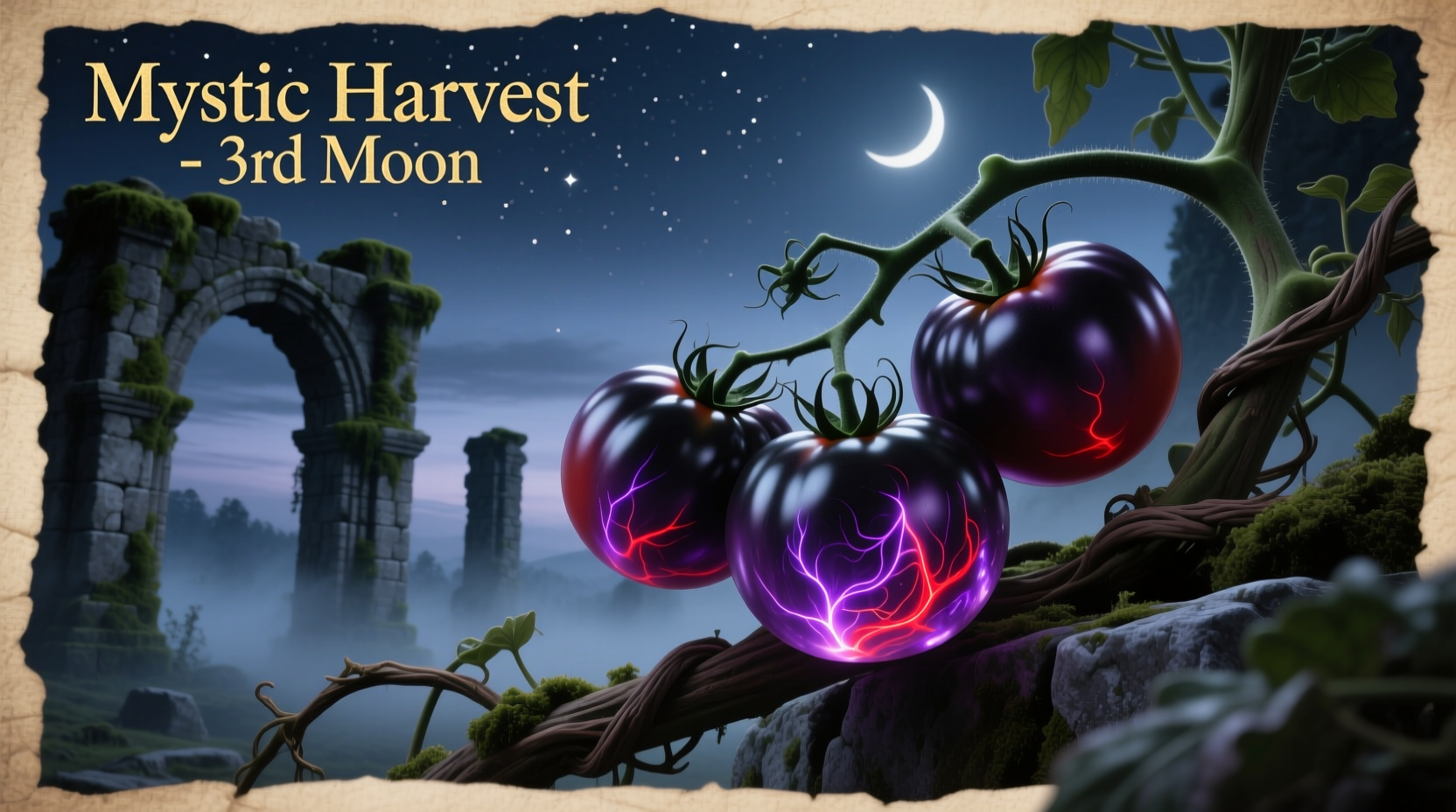 Ripe mystic tomatoes on vine with purple-black skin