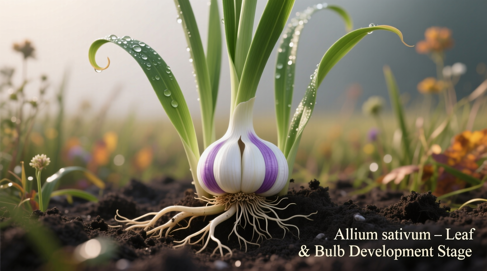 Garlic plant showing leaf growth and developing bulb
