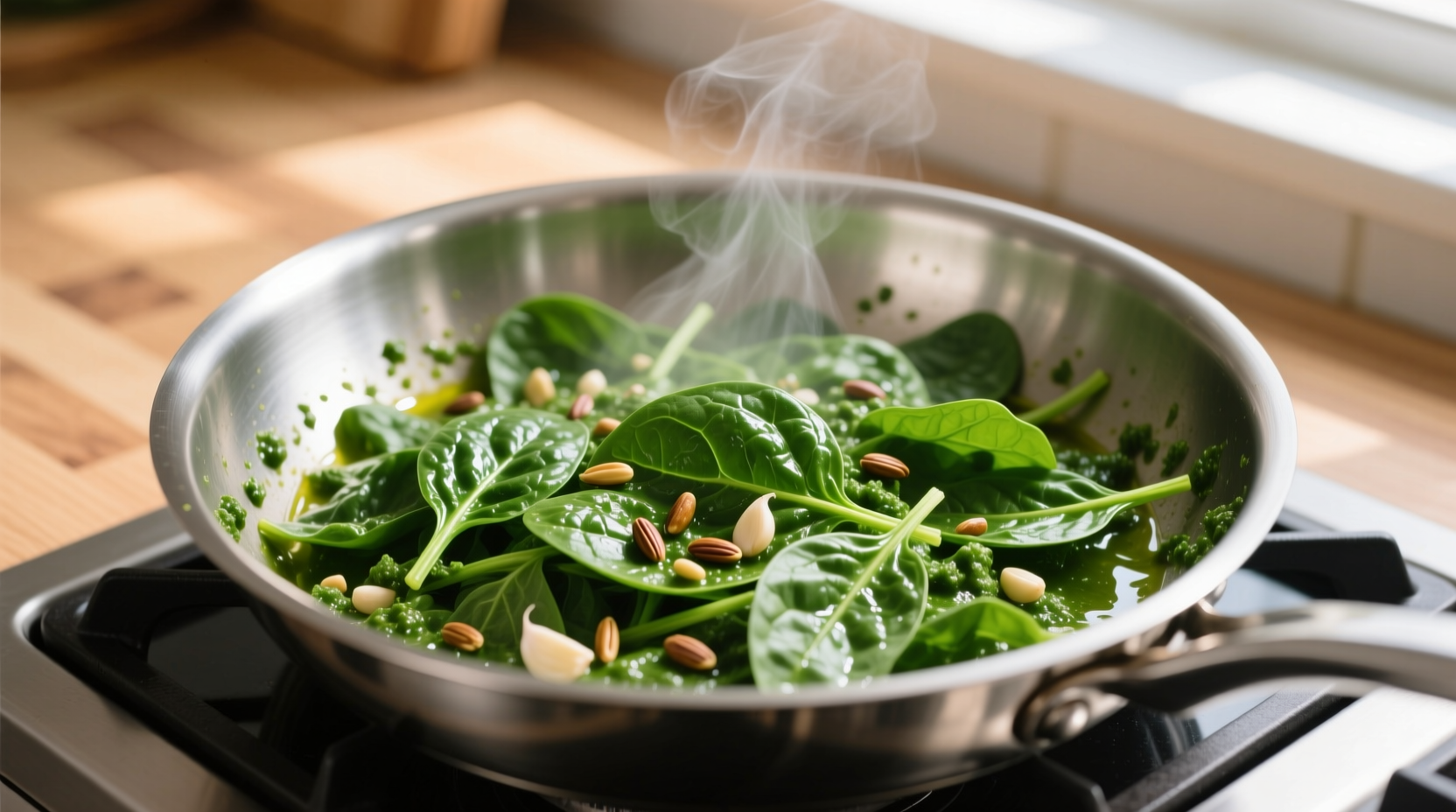 Fresh spinach sautéed with vibrant green pesto in stainless steel pan