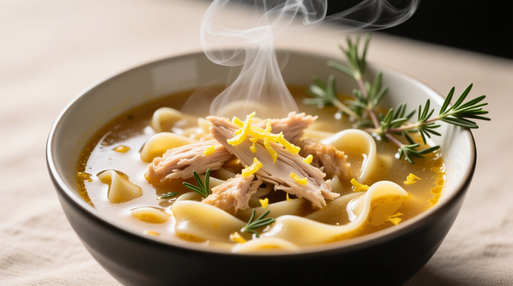 Homemade chicken noodle soup with visible lemon zest and fresh thyme garnish