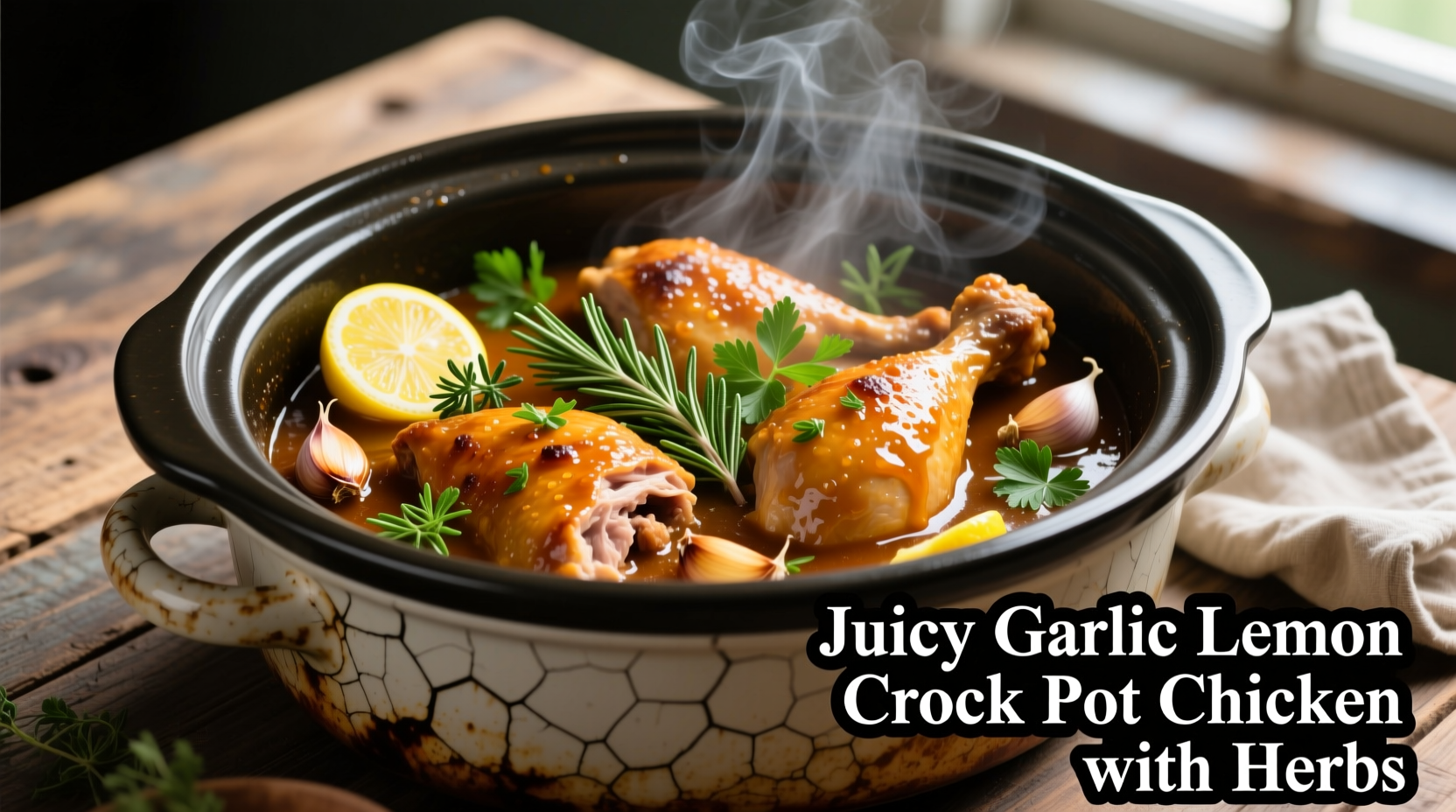 Juicy garlic lemon crock pot chicken with herbs
