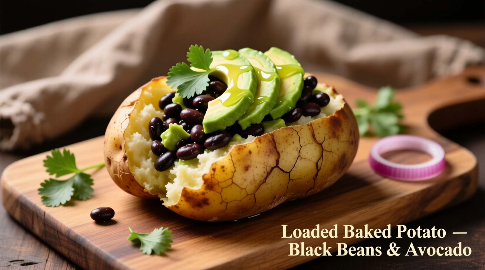 Baked potato topped with black beans and avocado