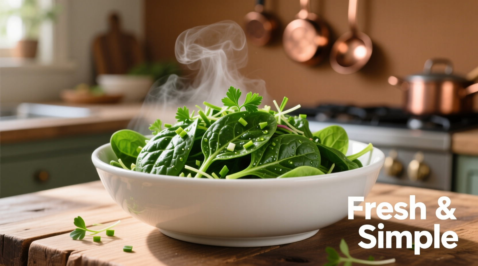 Fresh cooked spinach in white bowl with herbs