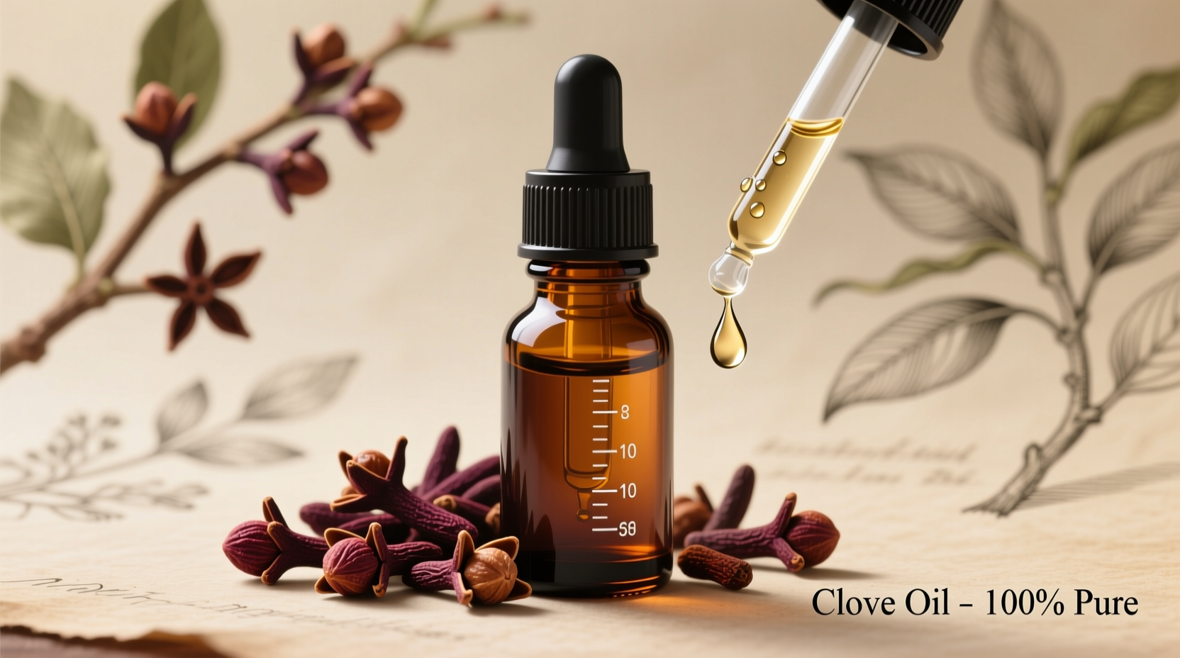 Clove oil bottle with fresh cloves and measuring dropper