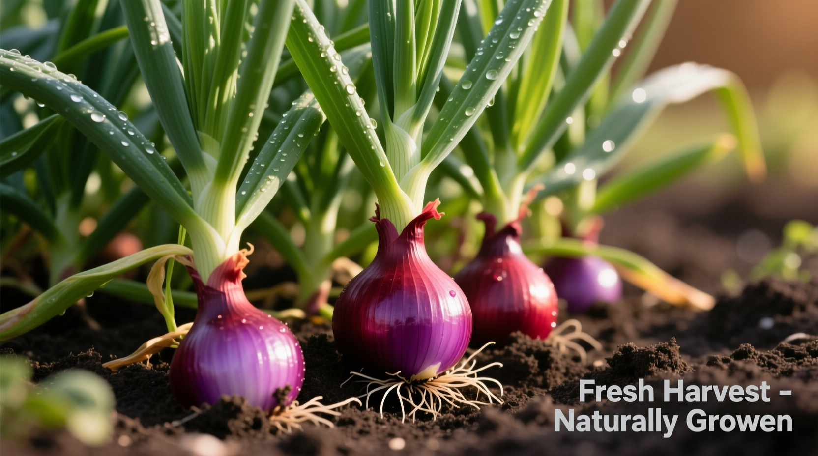 Healthy red onion plants growing in garden soil with purple bulbs