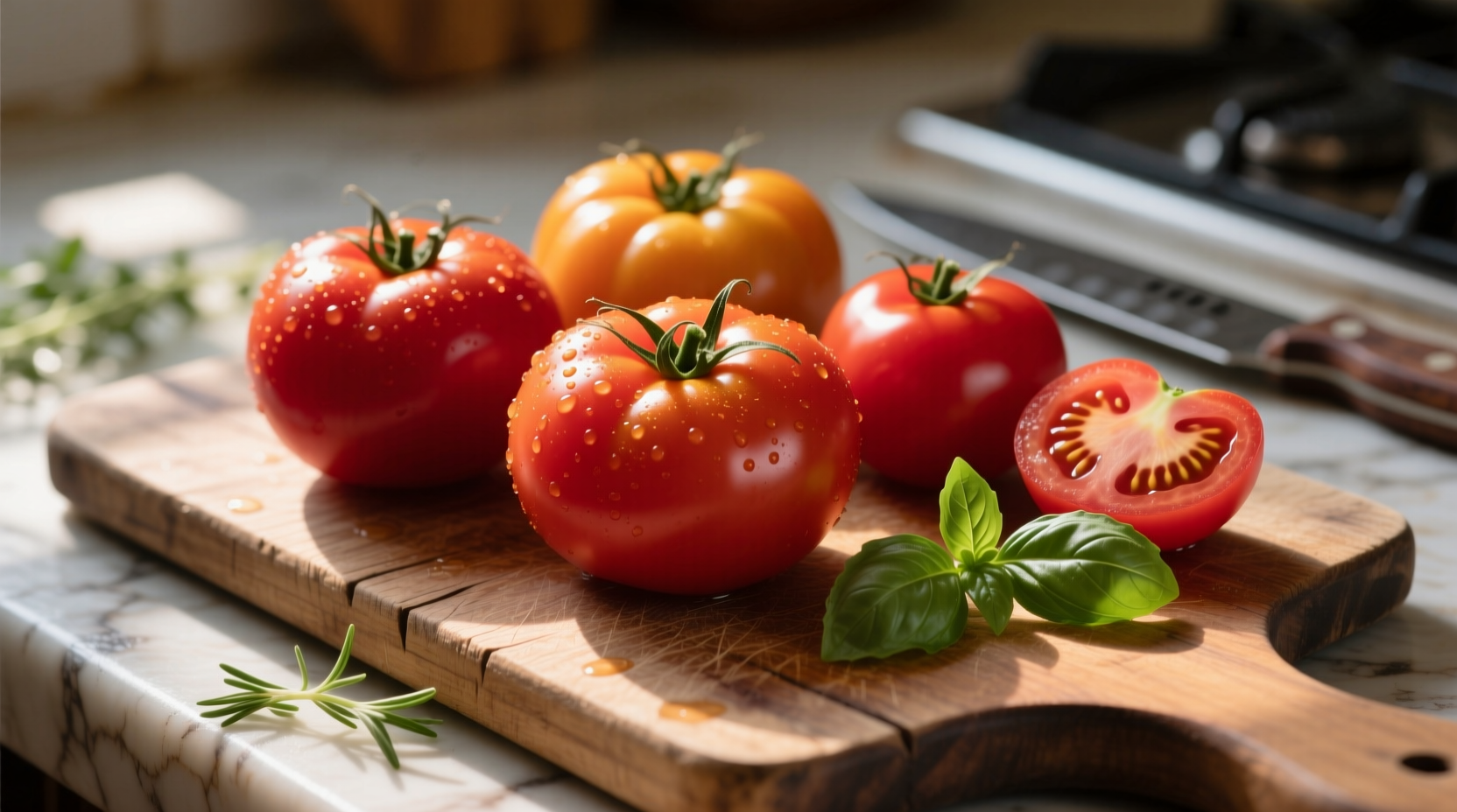 Plump ripe tomatoes on wooden cutting board