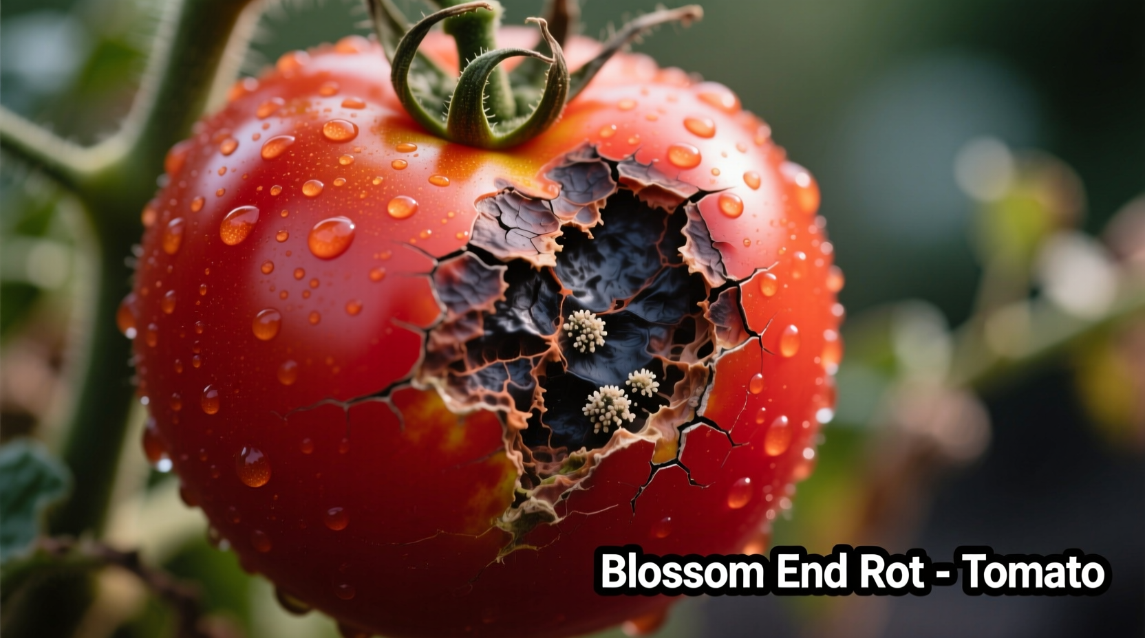 Close-up of tomato blossom end rot on ripe fruit