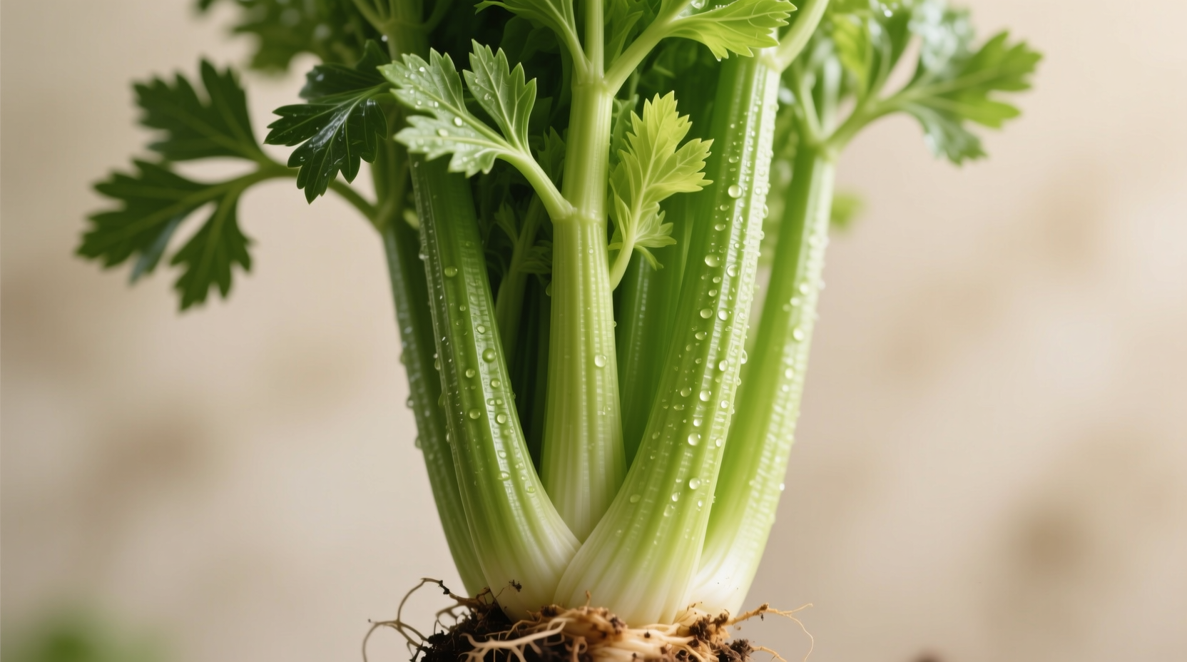 Fresh celery bunch showing individual ribs and leaves