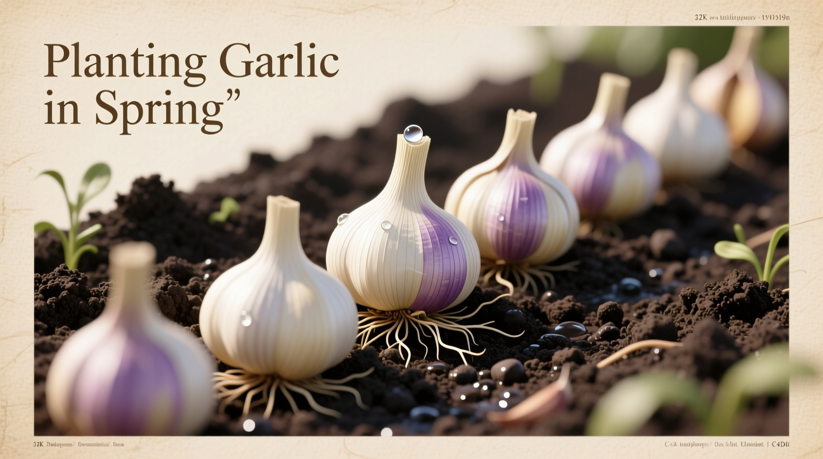 Garlic cloves prepared for spring planting in garden soil