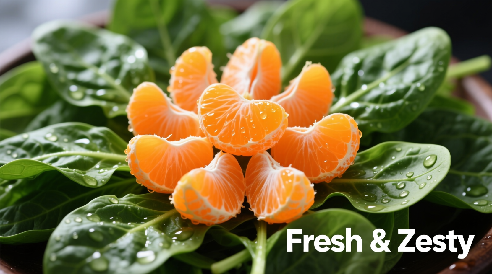 Fresh mandarin segments on vibrant green spinach