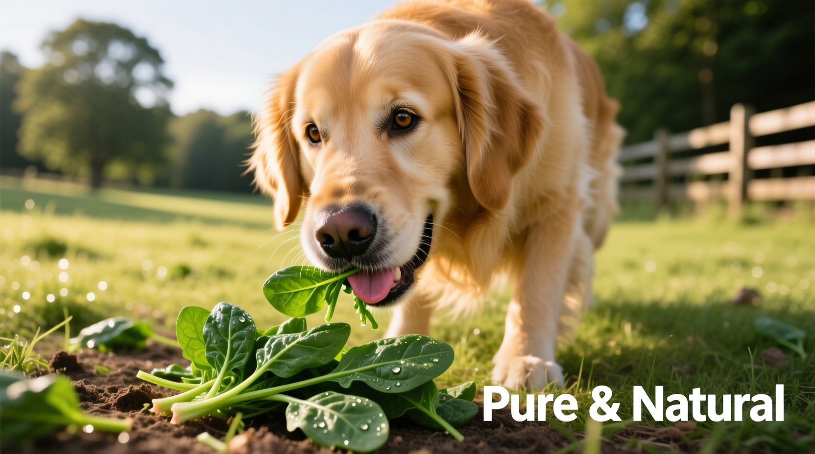 Golden Retriever eating small portion of raw spinach