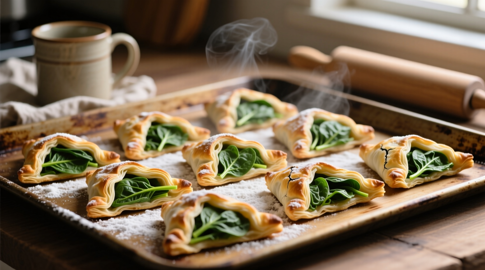 Fresh spinach pastry triangles on baking sheet