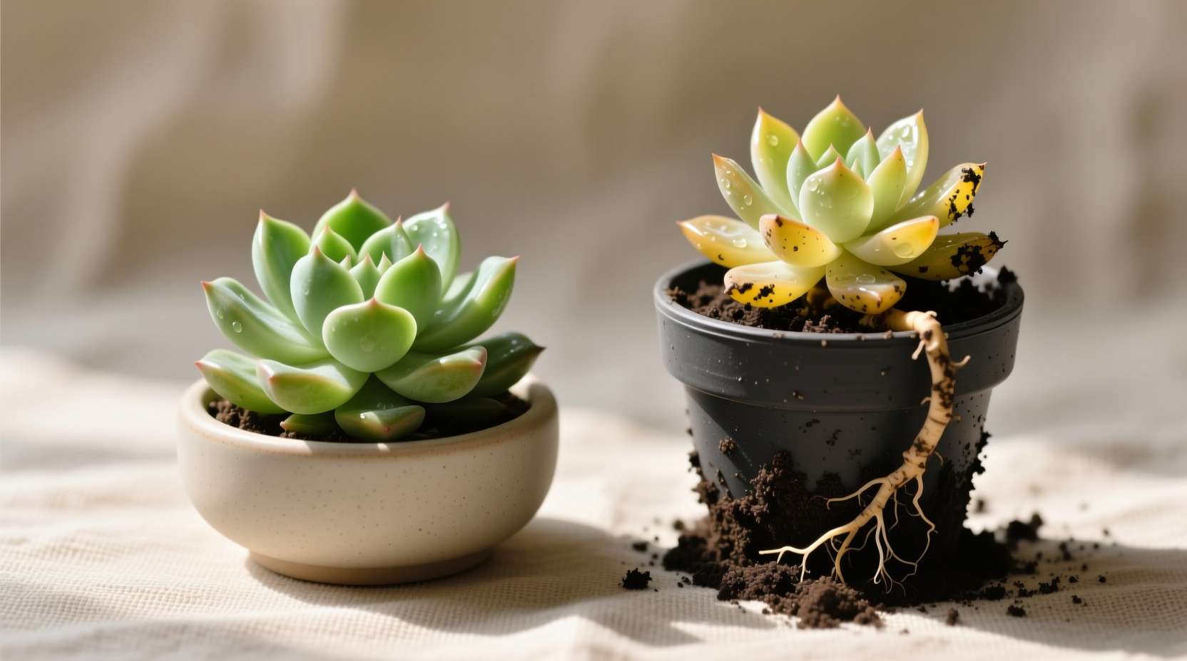 Side-by-side comparison: Healthy succulent in shallow pot (left) showing plump leaves vs. root-rotted plant in deep pot (right) with yellowing base