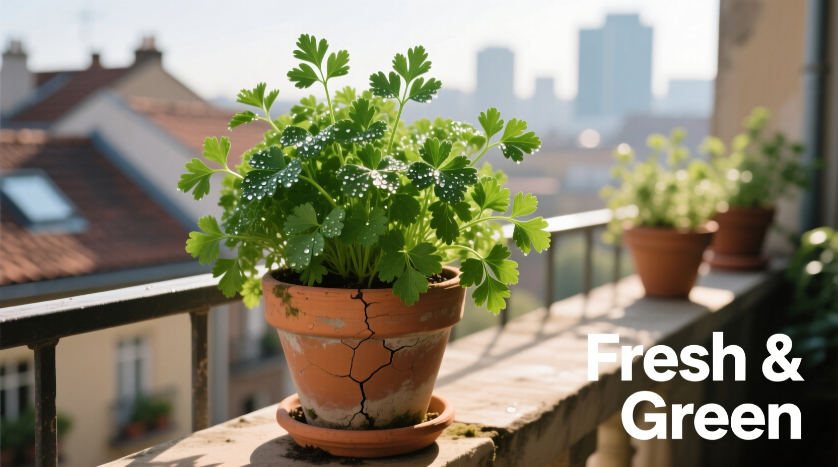 Healthy parsley growing in terracotta container on balcony