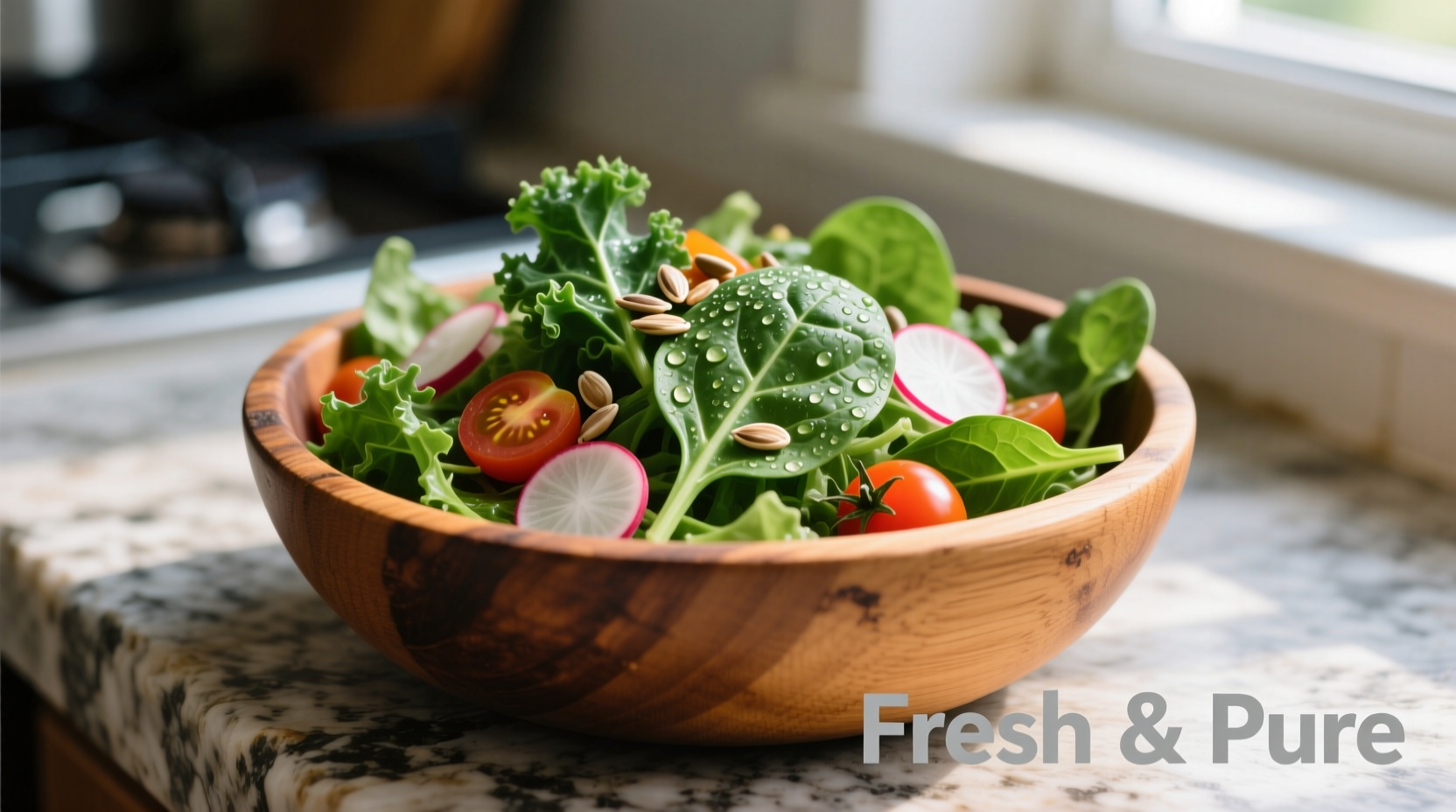 Fresh kale and spinach salad in wooden bowl