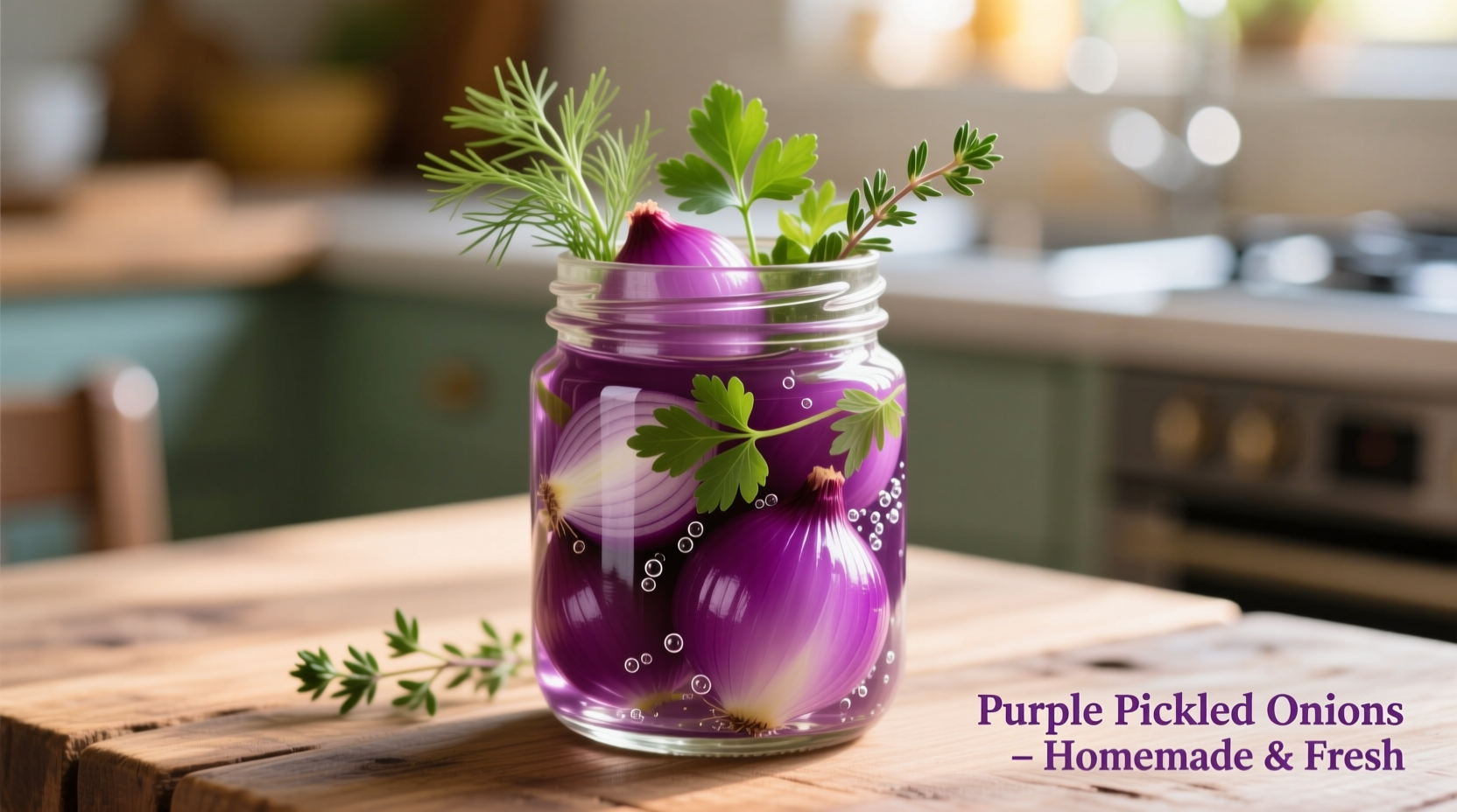 Vibrant purple pickled red onions in glass jar with fresh herbs