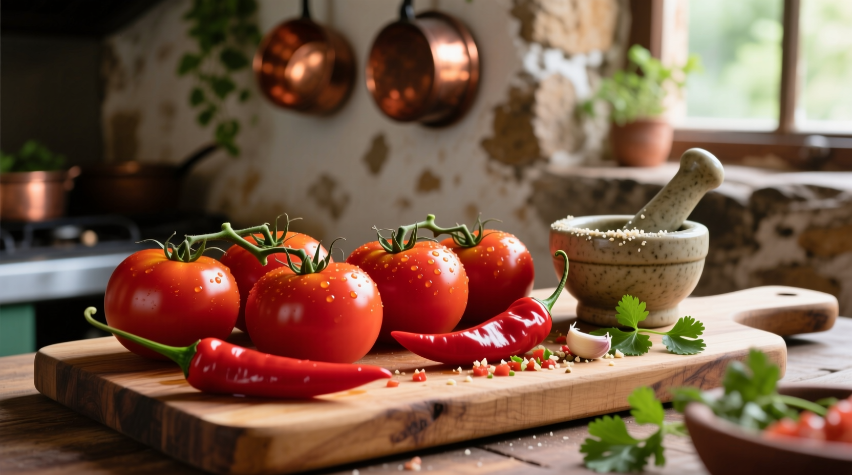 Fresh tomatoes and chilies arranged for salsa preparation