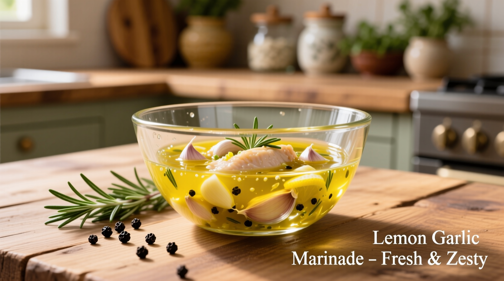 Fresh lemon garlic chicken marinade in glass bowl
