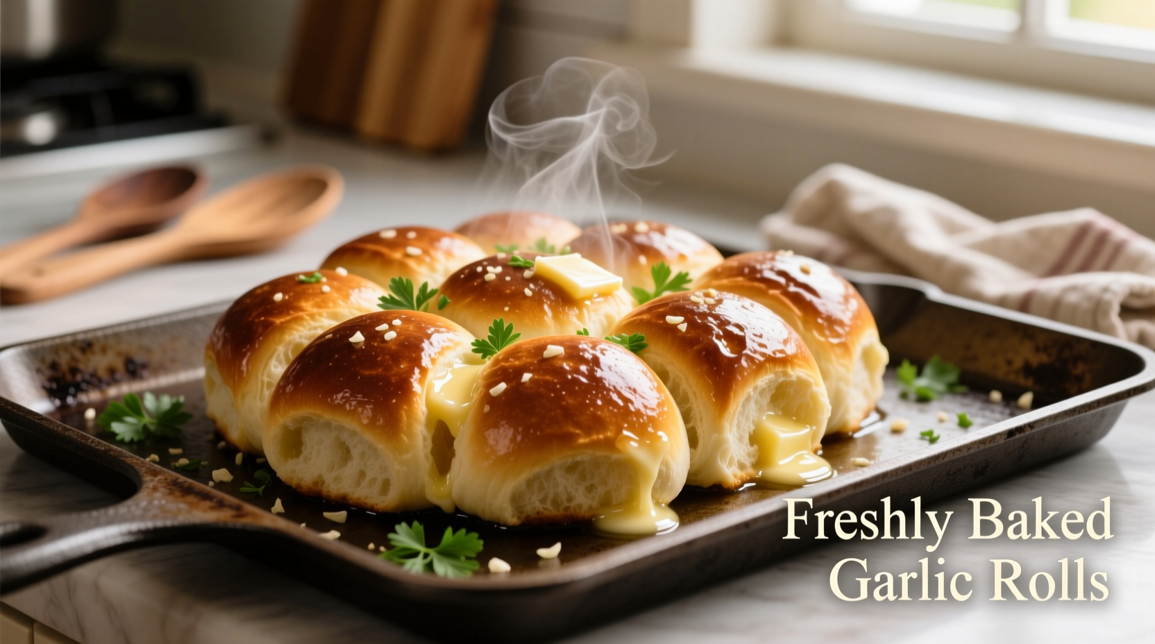 Golden brown garlic dinner rolls on baking sheet with melted butter