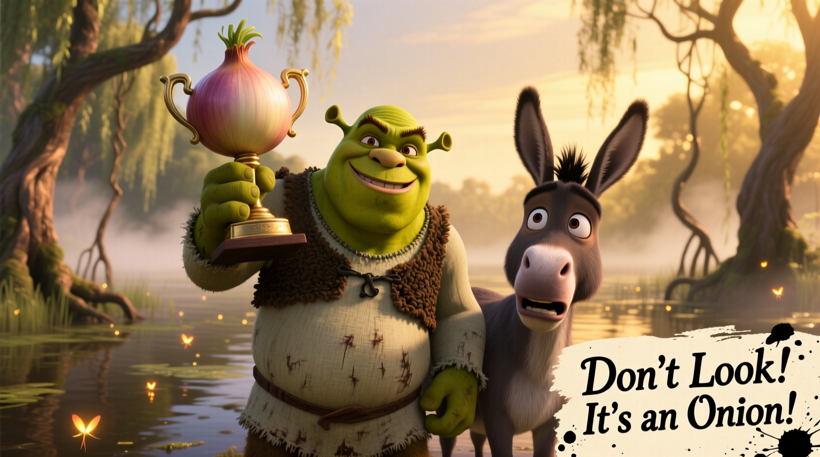 Shrek holding an onion with Donkey looking confused