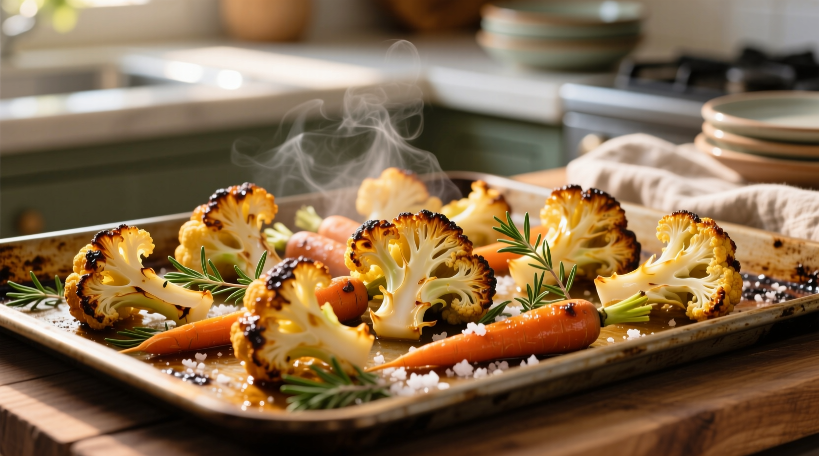 Golden roasted cauliflower and carrots on baking sheet